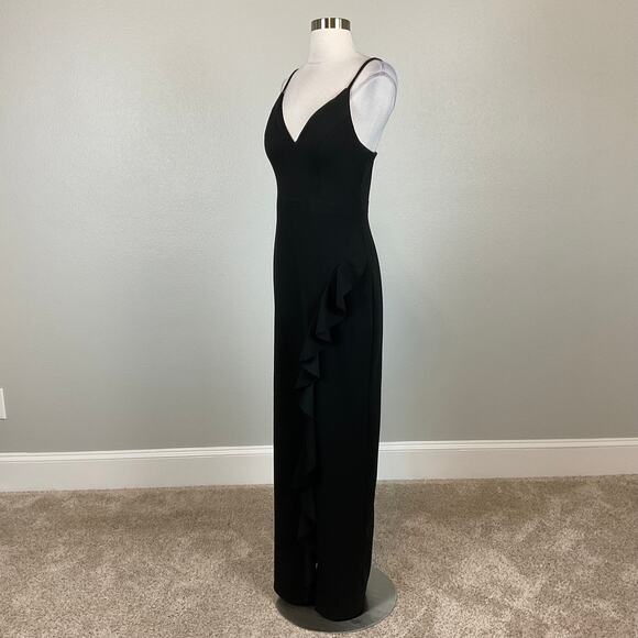 XSCAPE Sleeveless Ruffled Thigh Slit V-Neck Evening Gown Black Size 6 Formal - Picture 4 of 13